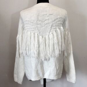 KNOT SISTERS Wool Eagle Intarsia Oversized Fringe Cardigan Sweater Ivory XS Boho